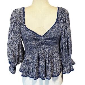 Free People Brittnee Print Smocked Peplum Top – Blue Combo Milkmaid Boho
